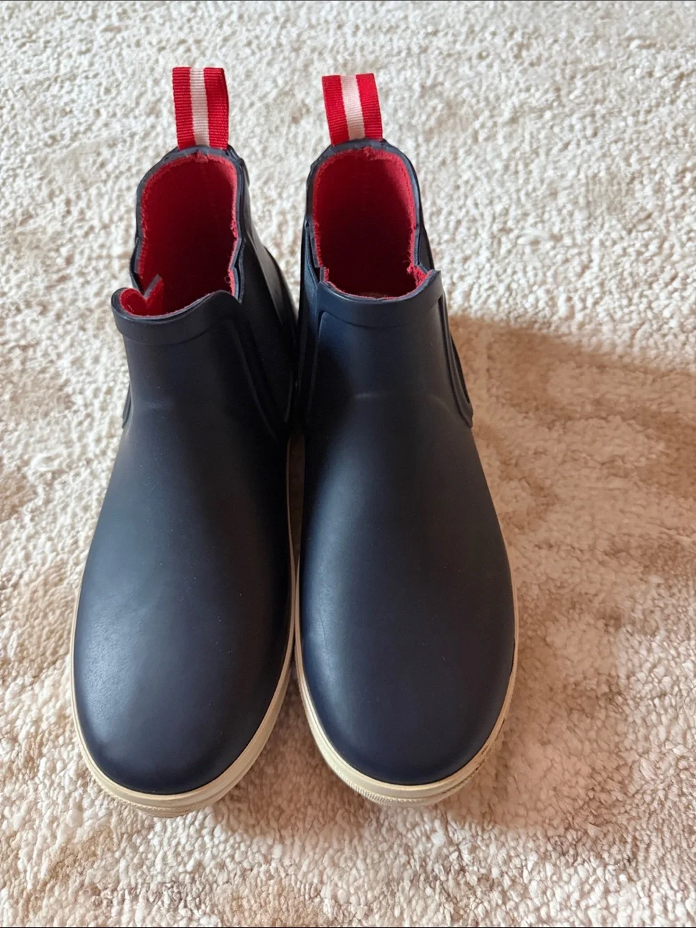 Joules Navy Chelsea Rain Boots with Red Lining and Stripe Pull Tabs
